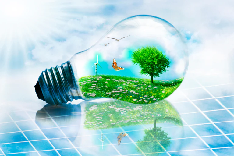 A lightbulb filled with a wildflower meadow and wind turbine.