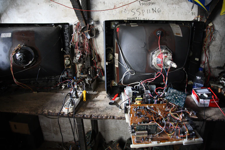 A young man is fixing and testing old broken tvs. New and old - and a lot of non-working electronic goods such as TVs and computers come in to the market via Lagos harbour from the US, Western Europe and China.