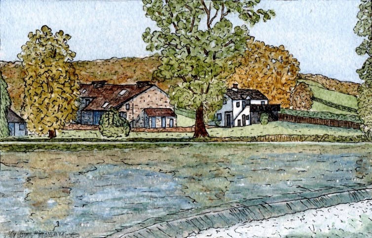 A watercolour painting of two older rural homes.