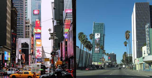 On the left, skyscrapers extending out of the frame surround a street full of traffic, billboards and neon signs line the street; on the right, a theater and several tall office buildings interspersed with tall palm trees line a wide boulevard