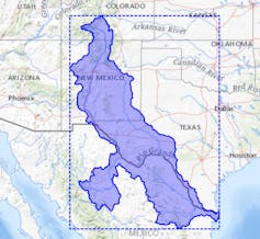 Mapa de la frontera entre Estados Unidos y México con un área destacada