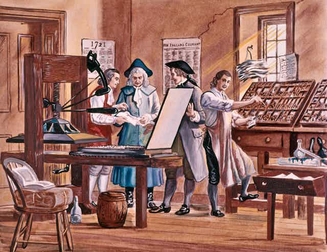drawing of men around an 18th C printing press