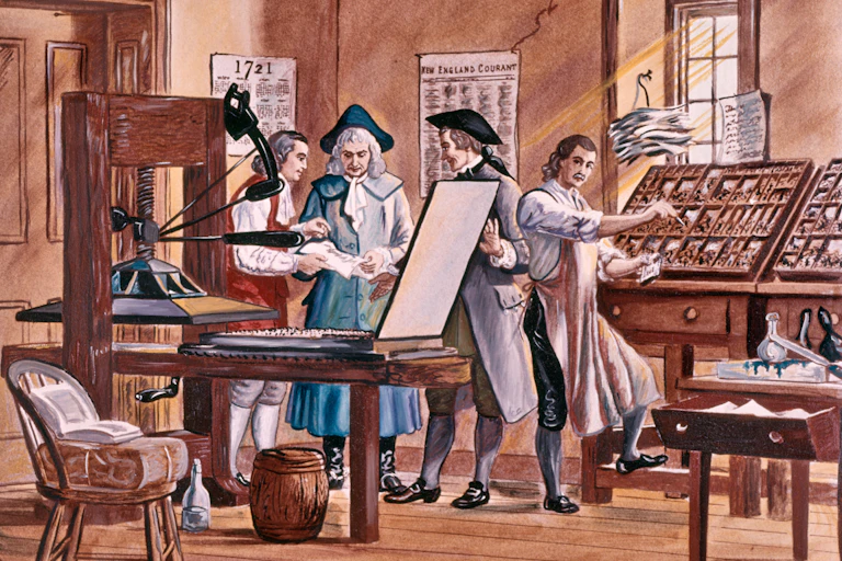drawing of men around an 18th C printing press