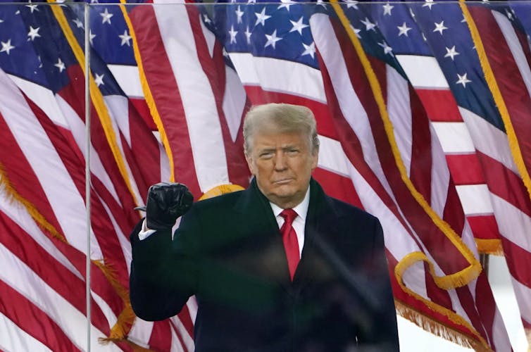 Donald Trump wearing a dark overcoat and standing in front a bunch of American flags holds up his fist.