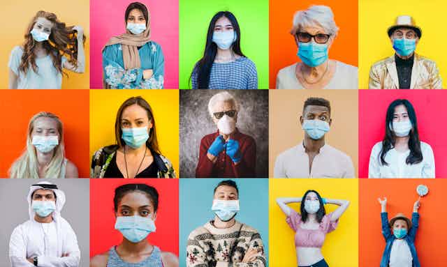 Montage of people wearing masks against colourful background