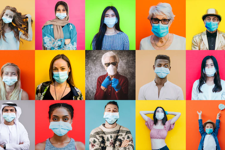 Montage of people wearing masks against colourful background