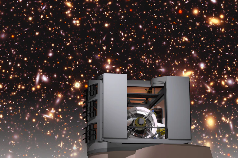 An artist's concept of the Vera Rubin observatory with galaxies in the background.