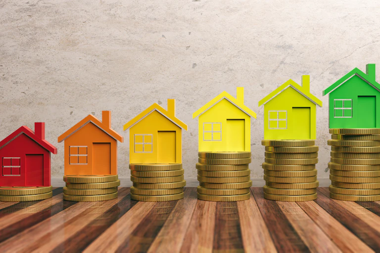 A graphic depicting small houses (in colours from red to green) on increasingly large piles of money.