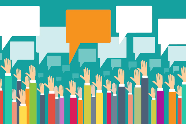 white hands reaching up to speech bubbles