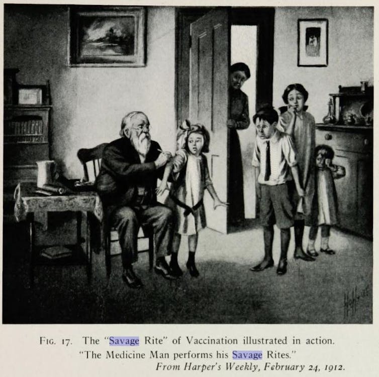 Uma ilustração que descreve uma criança recebendo uma vacina
