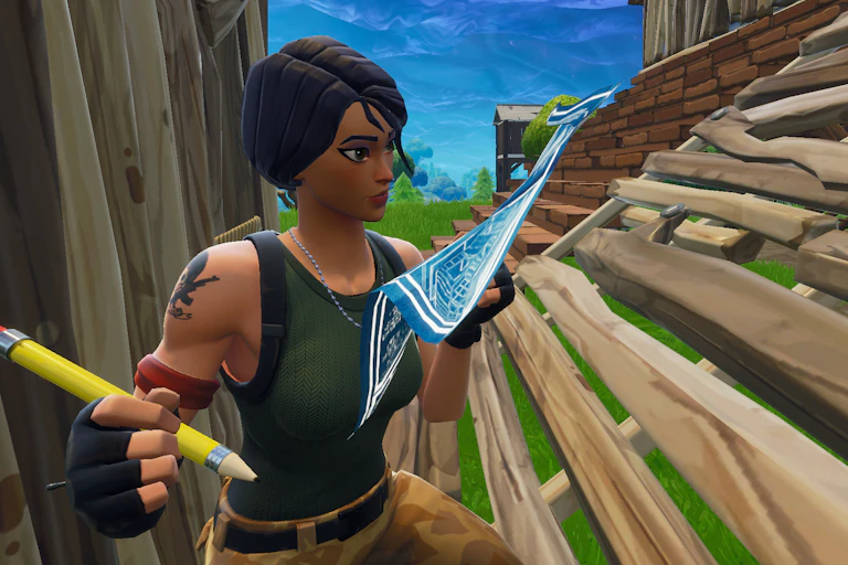 A scene from Fortnite in which a character holds a pencil and blueprints while building
