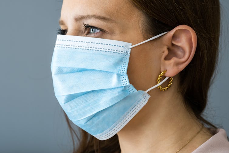 Woman looking stressed or scared wearing a mask