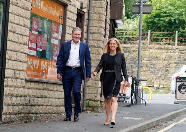 Labour party leader Keir Starmer with Kim Leadbeater in Clackheaton after she won the Batley and Spen by-election on July 1 2021.
