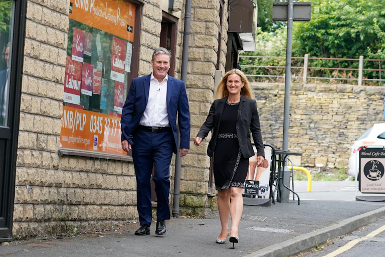 Labour party leader Keir Starmer with Kim Leadbeater in Clackheaton after she won the Batley and Spen by-election on July 1 2021.