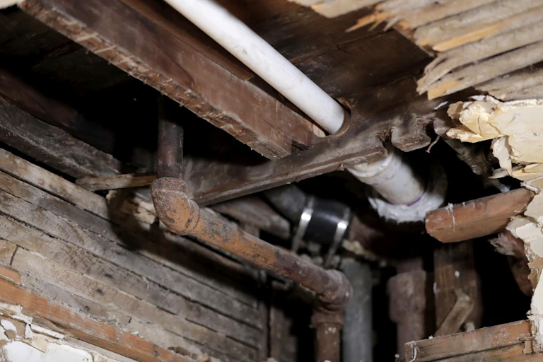 A lead pipe is exposed by a hole in the kitchen ceiling of a home in Newark, N.J.