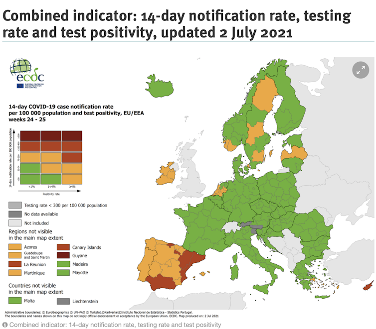 Indicador combinado de incidencia, testado e positividade. European Centre for Disease Prevention and Control.
