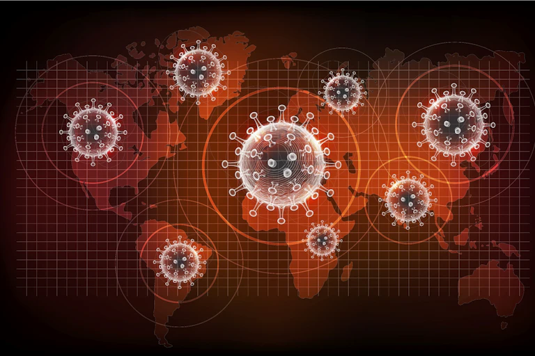 A map of the world overlaid with SARS-CoV-2.
