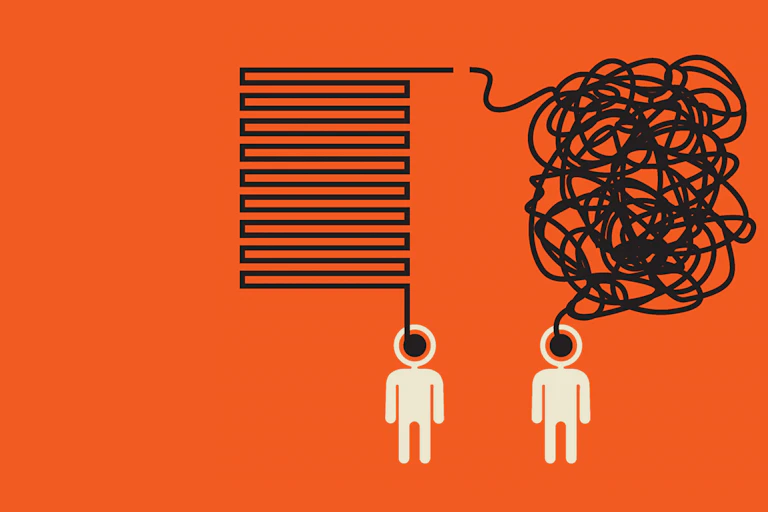 Illustration of two cartoon humans, one whose speech is represented by straight lines, and one whose speech is represented by a jumble of squiggles.