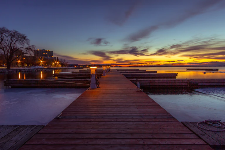 Docs along the waterfront at sunset