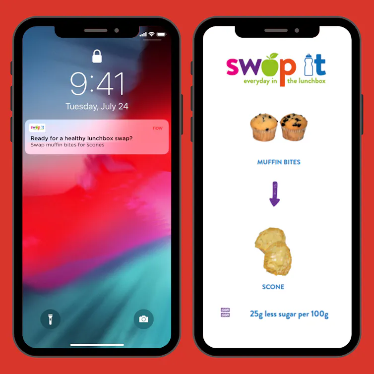 Two phones side by side. The first phone shows a SWAP IT notification. The second phone shows an example of a swap from muffin bites to scones.
