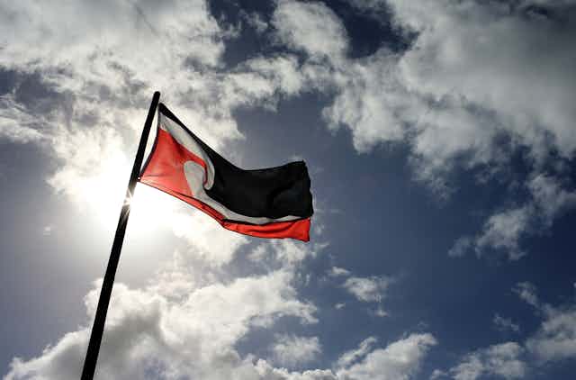 The Tino Rangatiratanga flag against a blue and cloudy sky