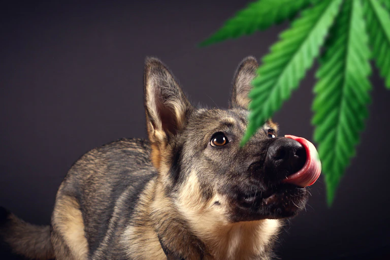 A German shepherd dog sniffs at a marijuana plant leaf