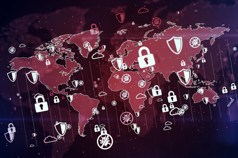 A red map of all the continents with floating security icons like padlocks and no virus icons