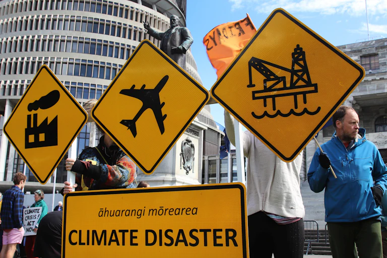 climate protest outside New Zealand's parliament building