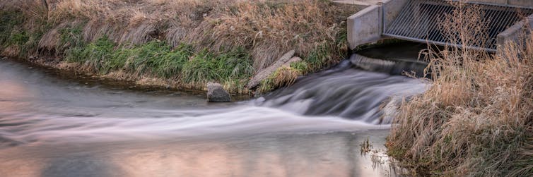 Water flowing out of a concrete grate into a river.