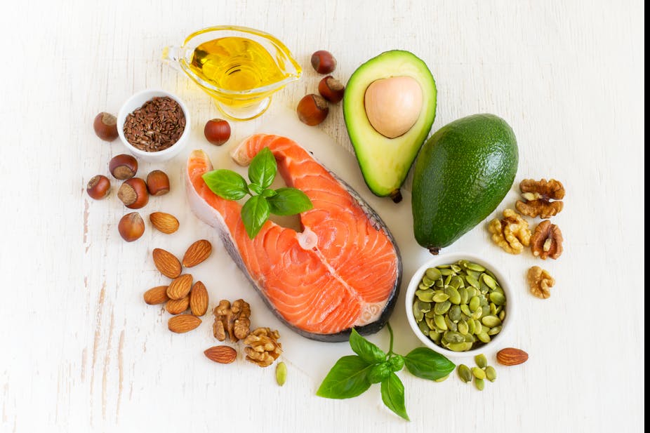 An overview of foods that contain healthy fat, such as salmon, almonds, olive oil, and avocado.