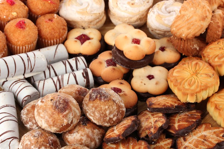 An overview of different biscuits and pastries, which are high in saturated fats.