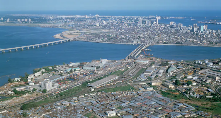 An aerial view of the Lagos city centre and shoreline