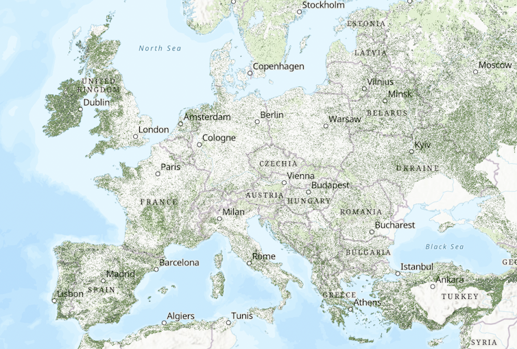 Map of Europe with green shaded areas