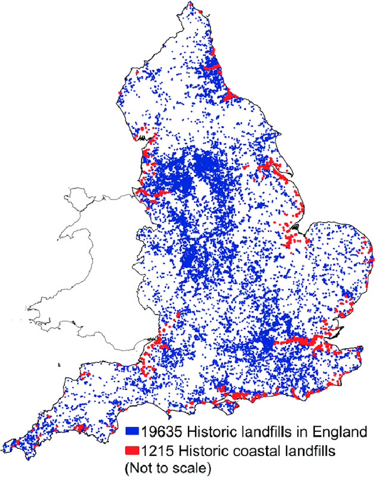 Map of england with dots representing historic and coastal historic landfills
