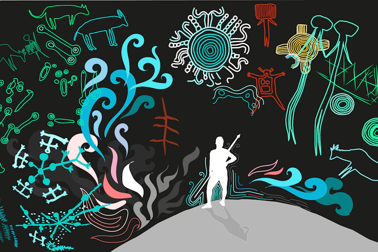 An illustration of a hunter-gatherer with prehistoric symbols