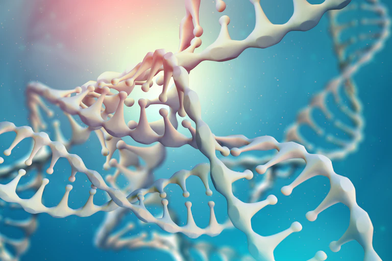 white DNA strands on a blue background