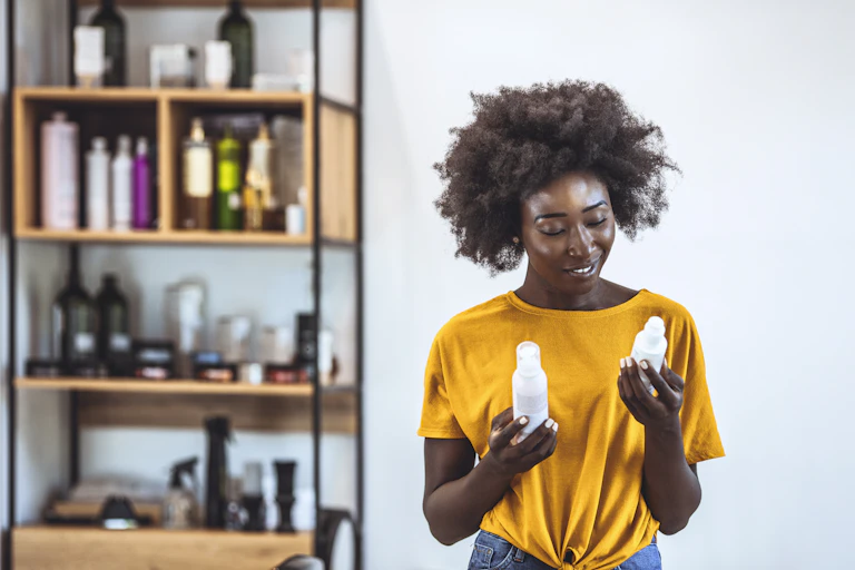 Young woman examines products