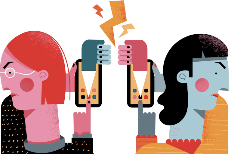 cartoon image of two women scowling and facing away from each other While holding smart phones toward each other, fists and lightning bolts clash between the two phones
