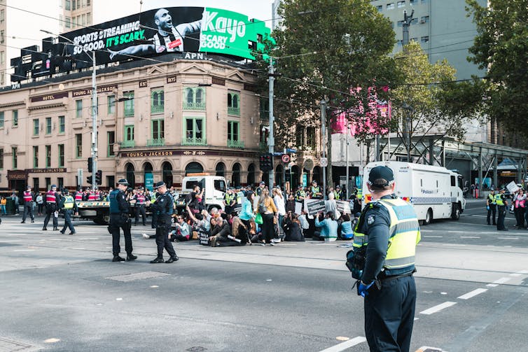 Protests sitting outside Flinders station in Melbourne