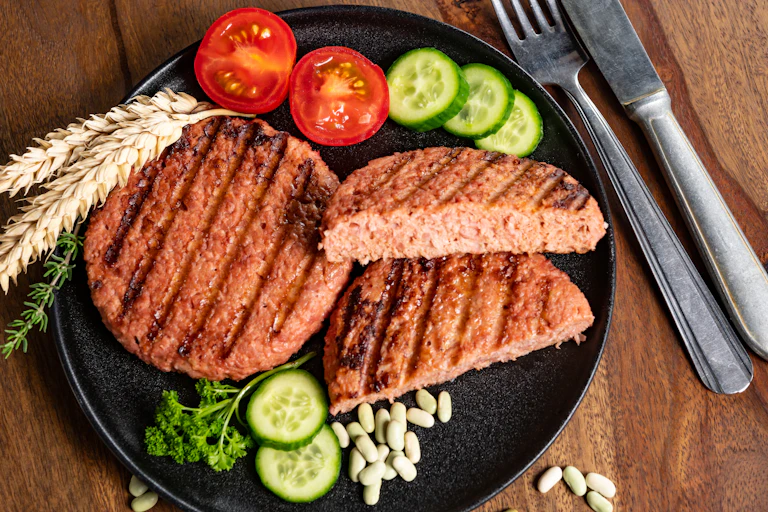 Two grilled plant-based burgers on a plate. One has been cut in half.