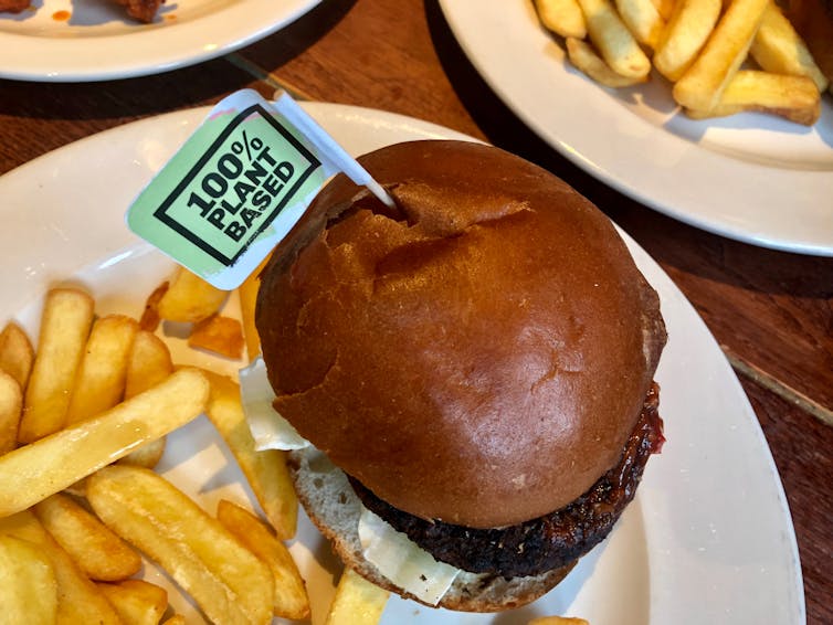 A plant-based burger on a plate with some chips.