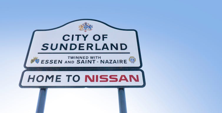 Sunderland city sign, with 'Home to Nissan' sign below.