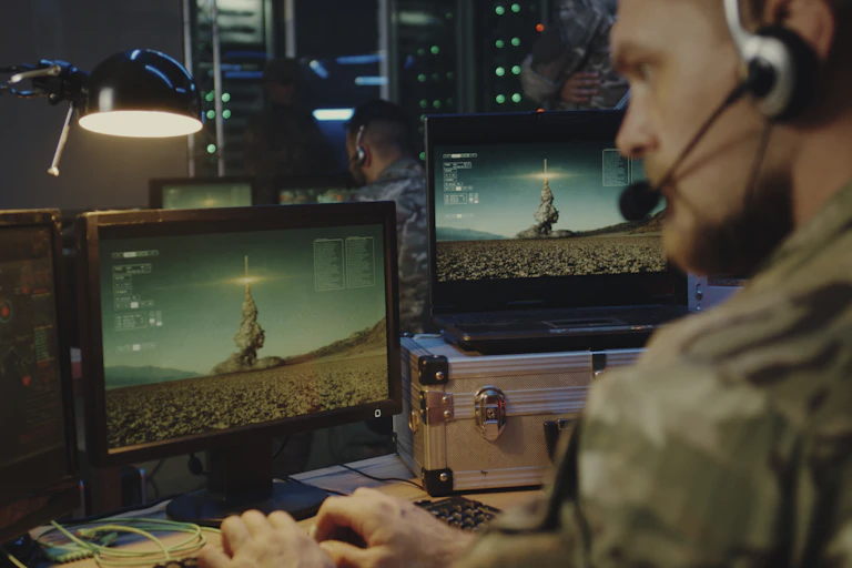 Soldier at computer controlling rocket launch.