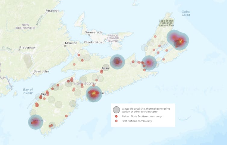 Map showing communities and toxic facilities in Nova Scotia