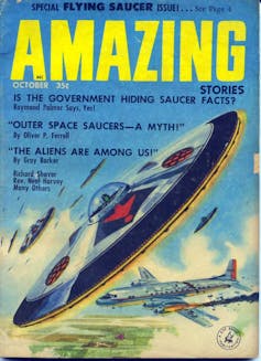 An old magazine cover showing a hand–drawn flying saucer.