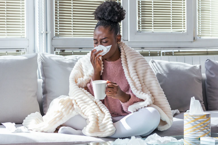 A woman with flu blowing her nose