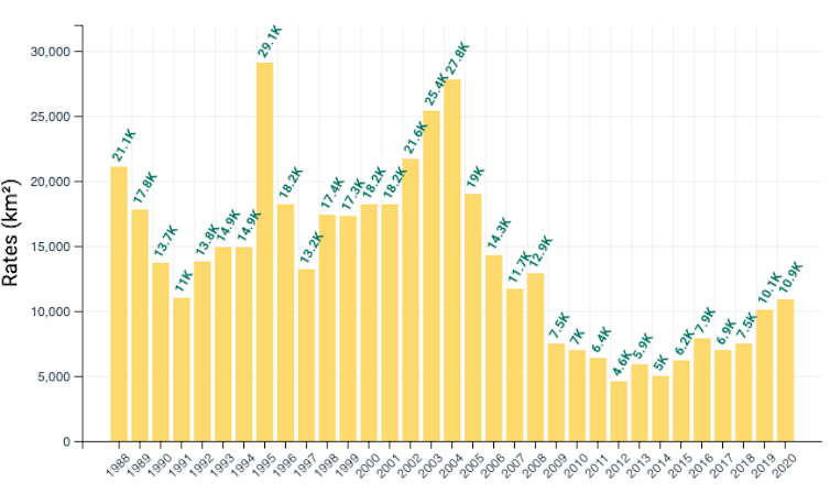 gráfico que mostra as taxas de desmatamento no Brasil por ano