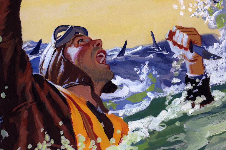 A man shouts from the water as sharks circle.