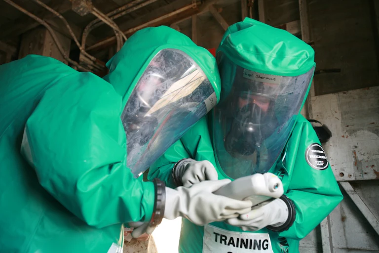 Two US Marines in green hazmat suits taking part in a bioweapon defense training