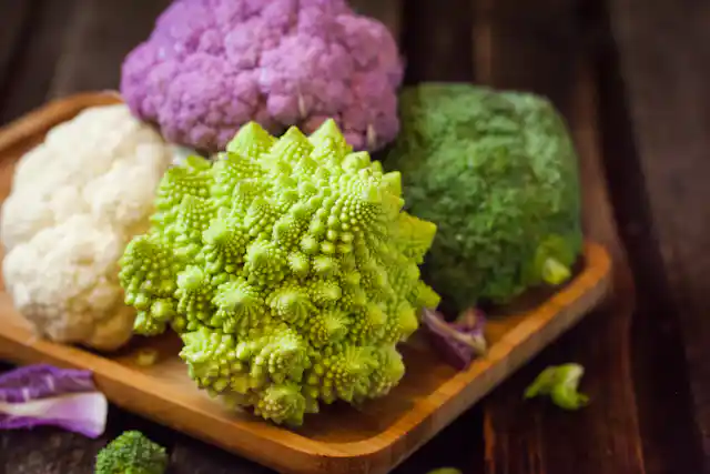 Green, white and purple cauliflowers